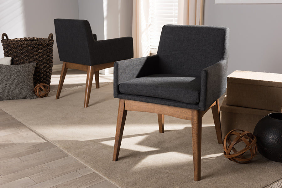 Baxton Studio Nexus Mid-Century Modern Walnut Wood Finishing Dark Grey Fabric Dining Armchair (Set of 2) | Dining Chairs | Modishstore - 3