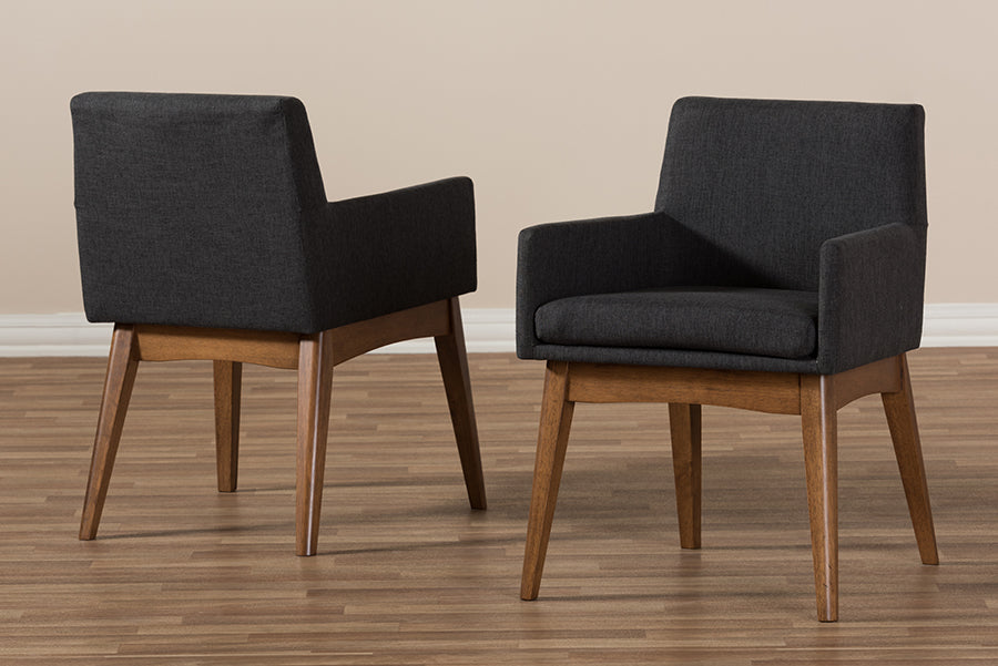 Baxton Studio Nexus Mid-Century Modern Walnut Wood Finishing Dark Grey Fabric Dining Armchair (Set of 2) | Dining Chairs | Modishstore - 2