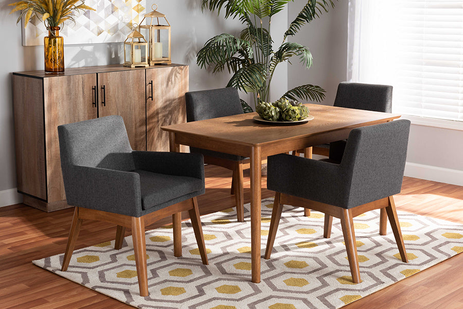 Baxton Studio Dorina Mid-Century Modern Dark Grey Fabric Upholstered and Walnut Brown Finished Wood 5-Piece Dining Set | Dining Sets | Modishstore