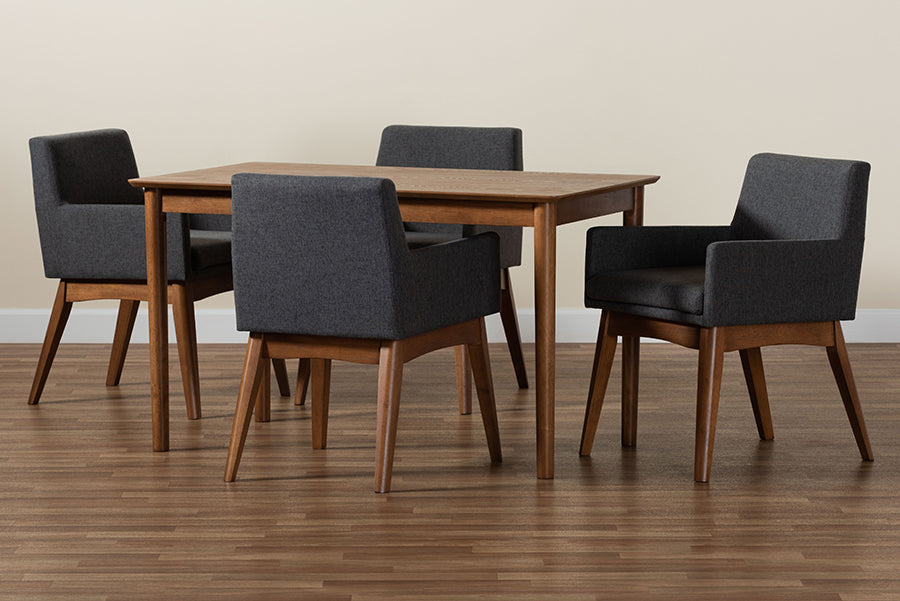 Baxton Studio Dorina Mid-Century Modern Dark Grey Fabric Upholstered and Walnut Brown Finished Wood 5-Piece Dining Set | Dining Sets | Modishstore - 3