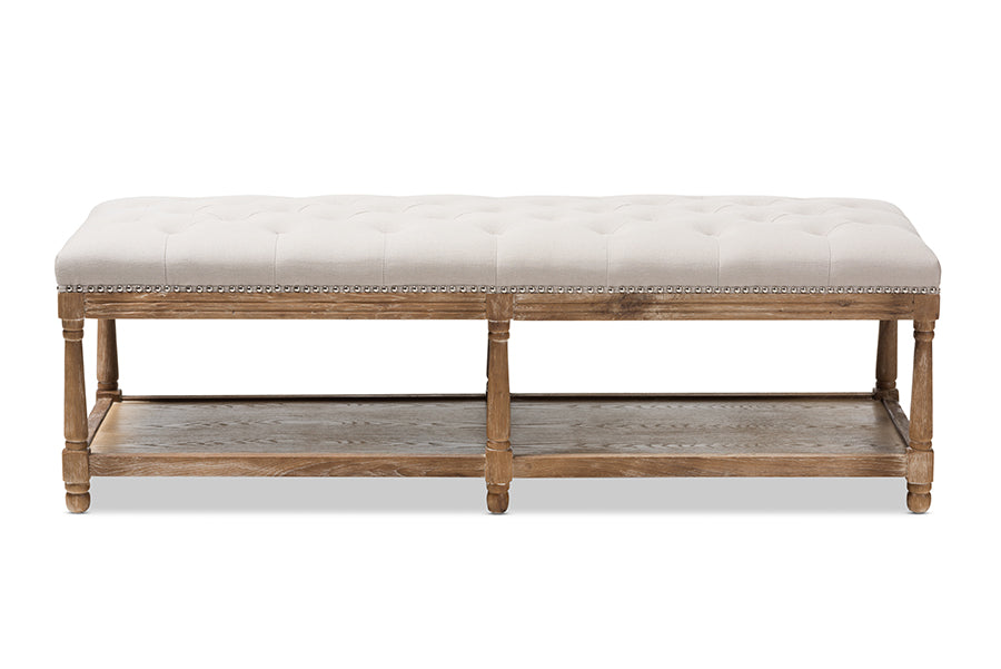baxton studio celeste french country weathered oak beige linen upholstered ottoman bench | Modish Furniture Store-4
