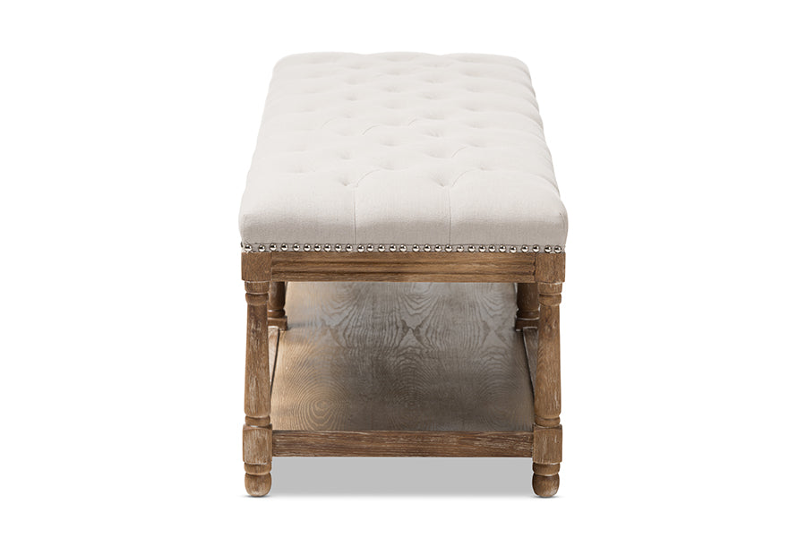 baxton studio celeste french country weathered oak beige linen upholstered ottoman bench | Modish Furniture Store-3