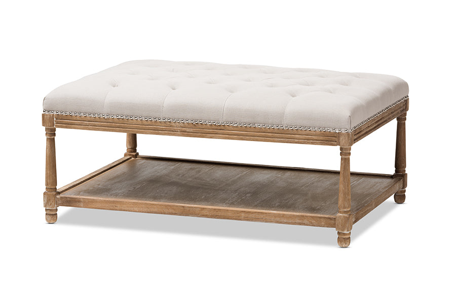 baxton studio carlotta french country weathered oak beige linen rectangular coffee table ottoman | Modish Furniture Store-7