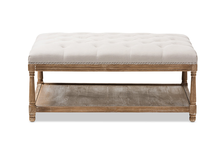 baxton studio carlotta french country weathered oak beige linen rectangular coffee table ottoman | Modish Furniture Store-6