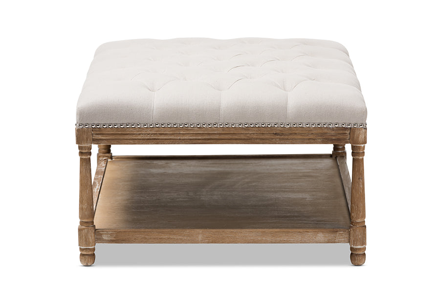 baxton studio carlotta french country weathered oak beige linen rectangular coffee table ottoman | Modish Furniture Store-5