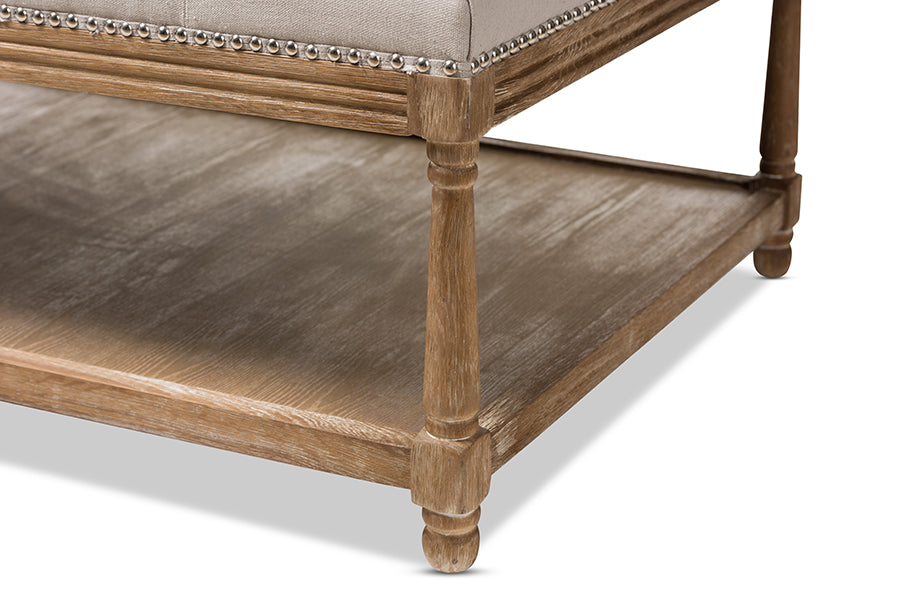 baxton studio carlotta french country weathered oak beige linen rectangular coffee table ottoman | Modish Furniture Store-3