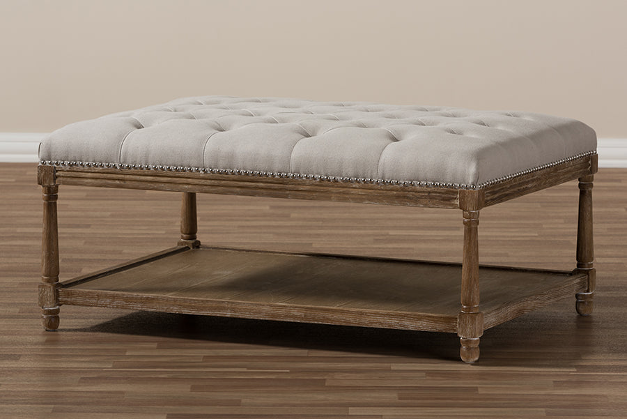 baxton studio carlotta french country weathered oak beige linen rectangular coffee table ottoman | Modish Furniture Store-2