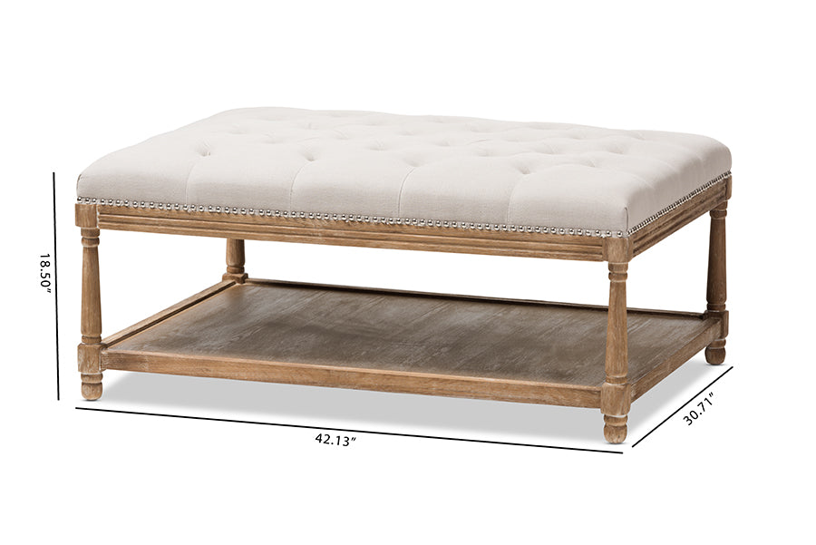baxton studio carlotta french country weathered oak beige linen rectangular coffee table ottoman | Modish Furniture Store-8