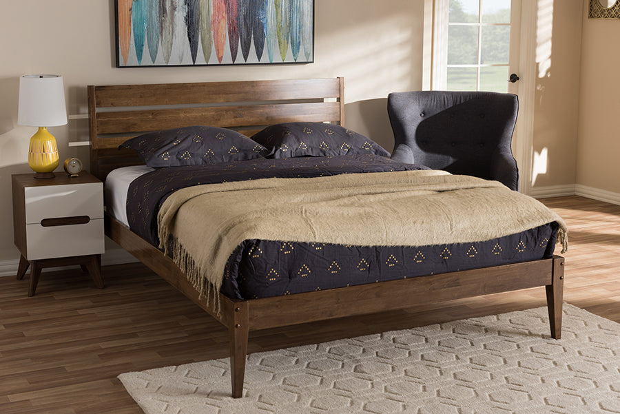 Baxton Studio Elmdon Mid-Century Modern Solid Walnut Wood Slatted Headboard Style Queen Size Platform Bed | Modishstore | Beds