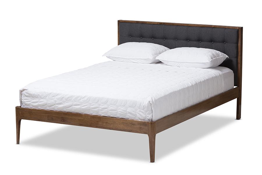 baxton studio jupiter mid century modern grey fabric upholstered button tufted queen size platform bed | Modish Furniture Store-2