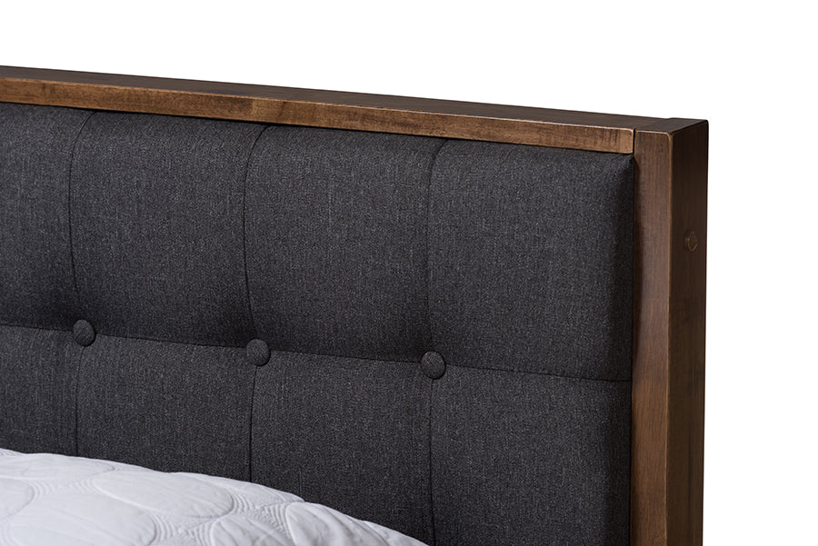 baxton studio jupiter mid century modern grey fabric upholstered button tufted king size platform bed | Modish Furniture Store-5