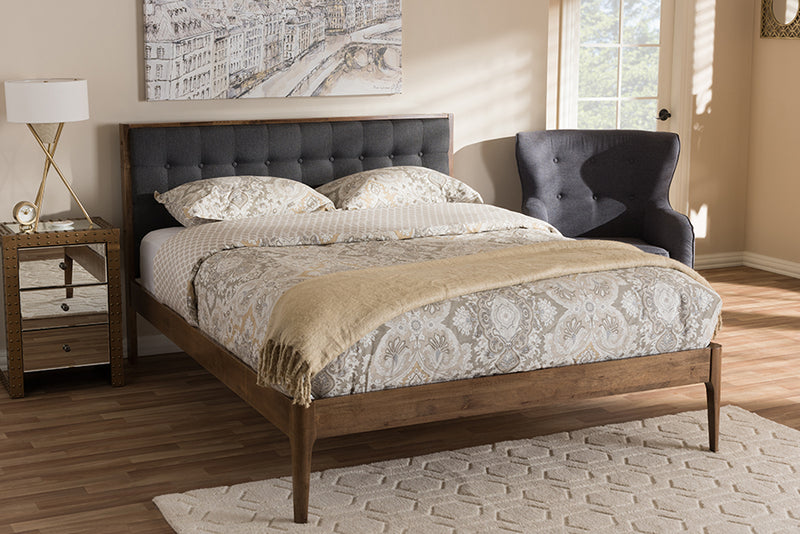 Baxton Studio Jupiter Mid-Century Modern Grey Fabric Upholstered Button-Tufted King Size Platform Bed | Modishstore | Beds