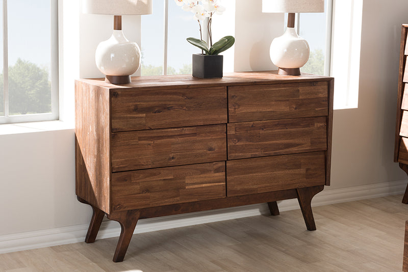 Baxton Studio Sierra Mid-Century Modern Brown Wood 6-Drawer Dresser | Modishstore | Dressers
