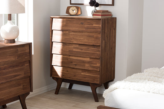 Baxton Studio Sierra Mid-Century Modern Brown Wood 5-Drawer Chest | Modishstore | Drawers