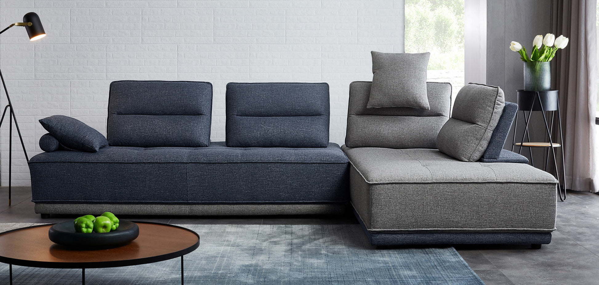Divani Casa Glendale - Modern Blue & Grey Fabric Sectional Sofa | Modishstore | Sofas