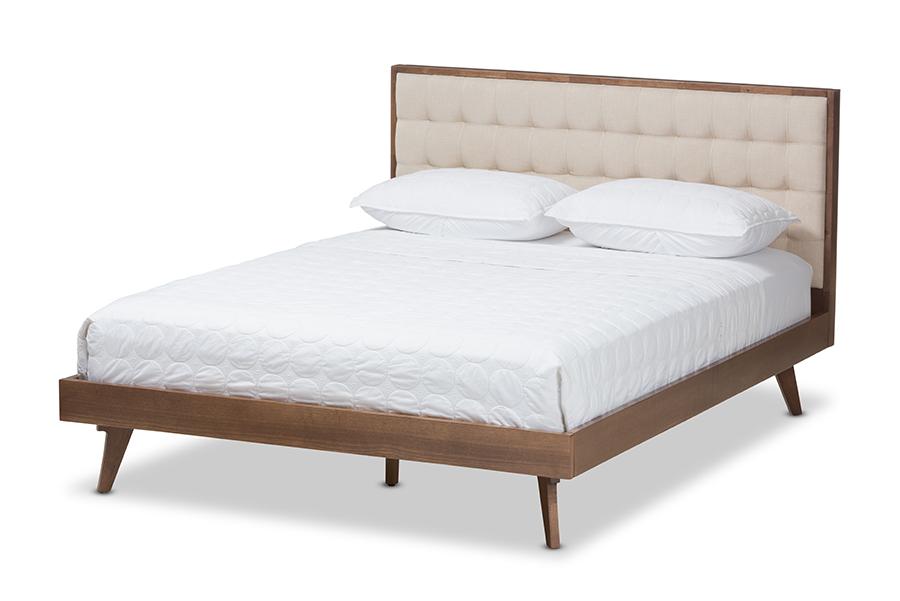 baxton studio soloman mid century modern light beige fabric and walnut brown finished wood queen size platform bed | Modish Furniture Store-2
