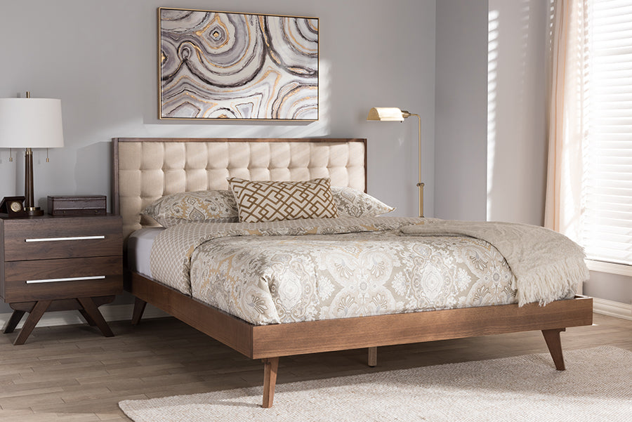 Baxton Studio Soloman Mid-Century Modern Light Beige Fabric and Walnut Brown Finished Wood King Size Platform Bed | Modishstore | Beds