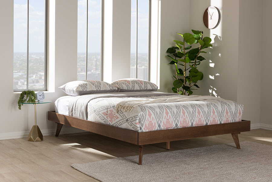 Baxton Studio Jacob Mid-Century Modern Walnut Brown Finished Solid Wood Full Size Bed Frame | Modishstore | Beds