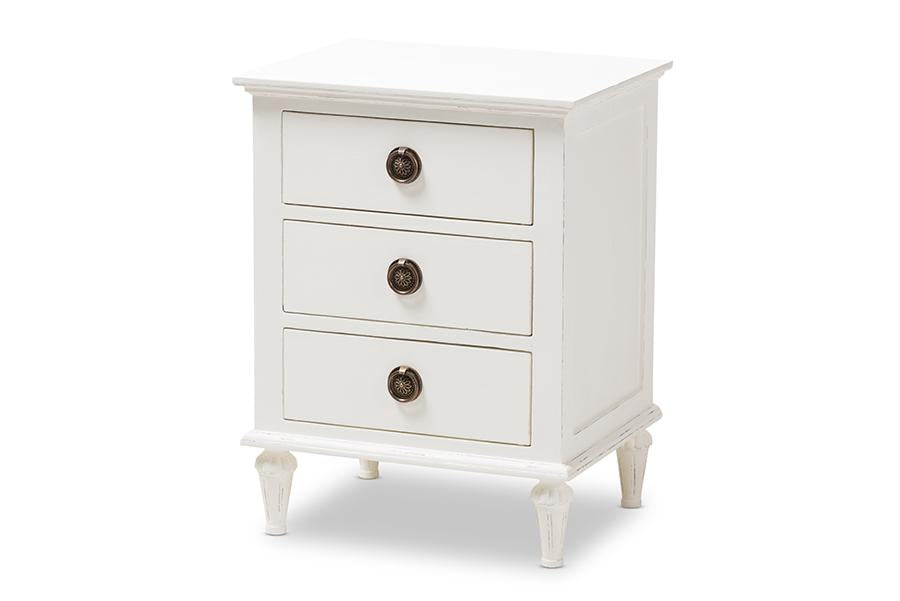 baxton studio venezia french inspired rustic whitewash wood 3 drawer nightstand | Modish Furniture Store-2