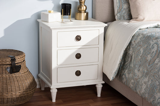 Baxton Studio Venezia French-Inspired Rustic Whitewash Wood 3-Drawer Nightstand | Modishstore | Nightstands