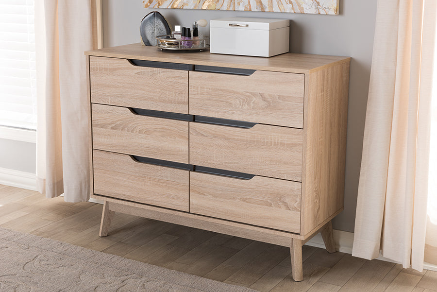 Baxton Studio Fella Mid-Century Modern Two-Tone Oak and Grey Wood 6-Drawer Dresser | Modishstore | Drawers