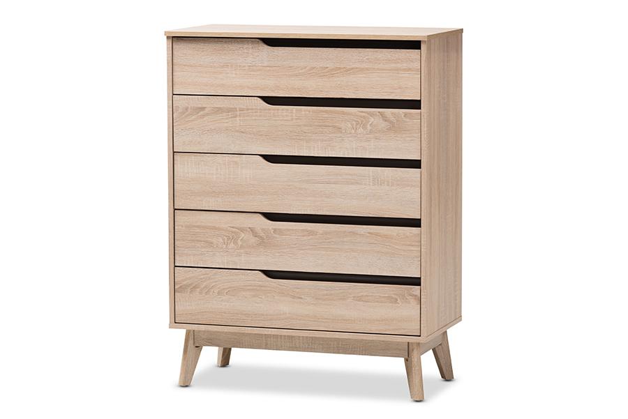 baxton studio fella mid century modern two tone oak and grey wood 5 drawer chest | Modish Furniture Store-2