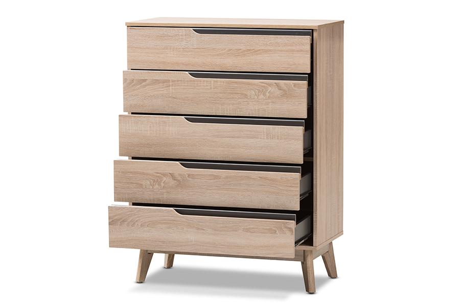 baxton studio fella mid century modern two tone oak and grey wood 5 drawer chest | Modish Furniture Store-3