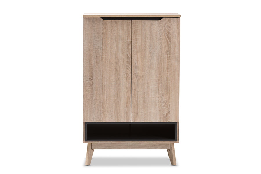 baxton studio fella mid century modern two tone oak and grey wood shoe cabinet | Modish Furniture Store-5