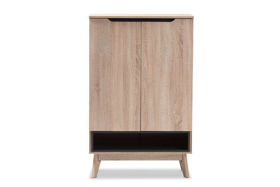 baxton studio fella mid century modern two tone oak and grey wood shoe cabinet | Modish Furniture Store-5