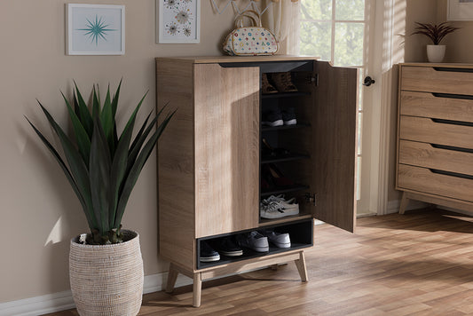 Baxton Studio Fella Mid-Century Modern Two-Tone Oak and Grey Wood Shoe Cabinet | Modishstore | Cabinets