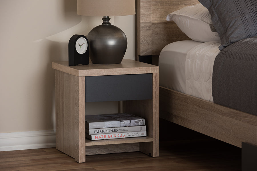 Baxton Studio Jamie Modern and Contemporary Two-Tone Oak and Grey Wood 1-Drawer 1-Shelf Nightstand | Modishstore | Nightstands