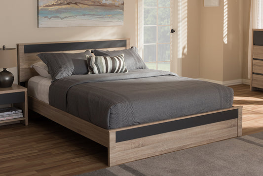 Baxton Studio Jamie Modern and Contemporary Two-Tone Oak and Grey Wood Queen Size Platform Bed | Modishstore | Beds