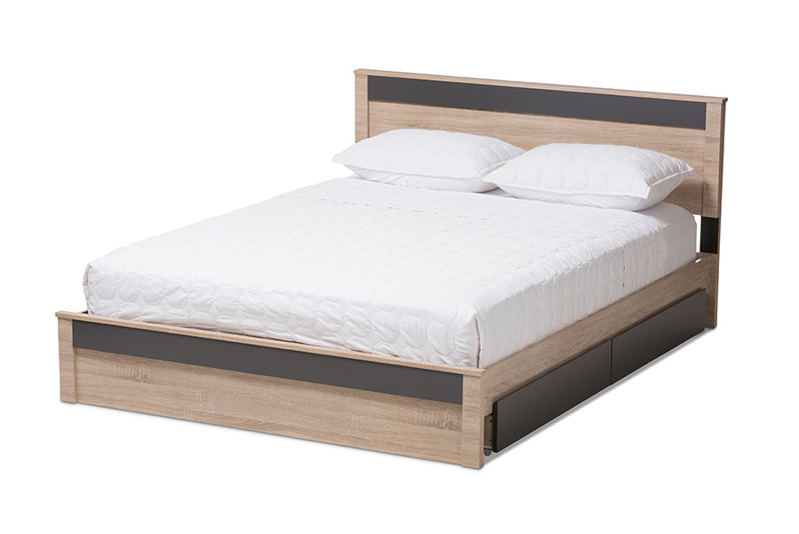baxton studio jamie modern and contemporary two tone oak and grey wood queen size platform bed | Modish Furniture Store-2