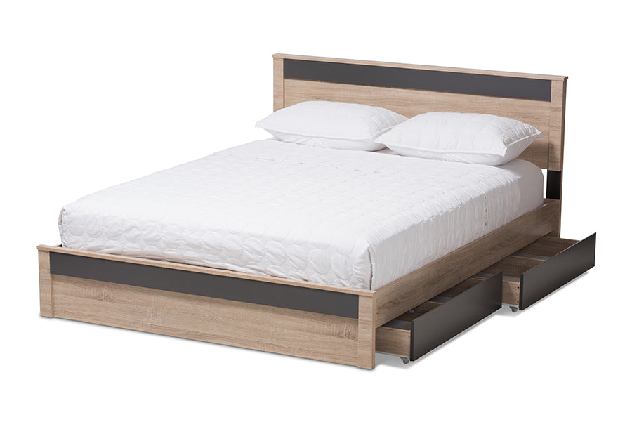 baxton studio jamie modern and contemporary two tone oak and grey wood queen size platform bed | Modish Furniture Store-3