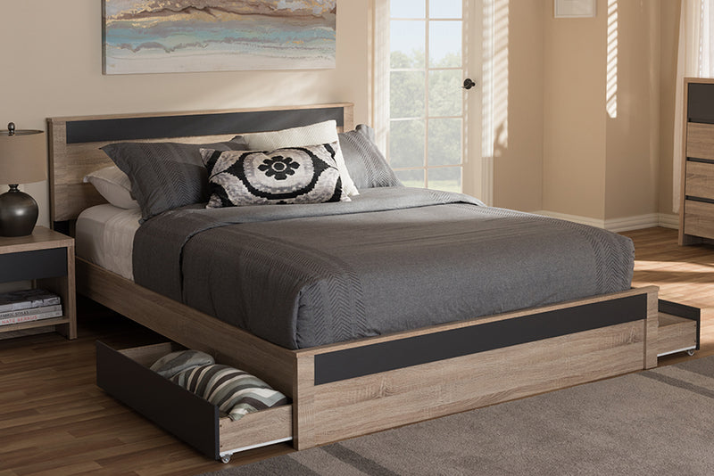 Baxton Studio Jamie Modern and Contemporary Two-Tone Oak and Grey Wood Queen 2-Drawer Queen Size Storage Platform Bed | Modishstore | Beds