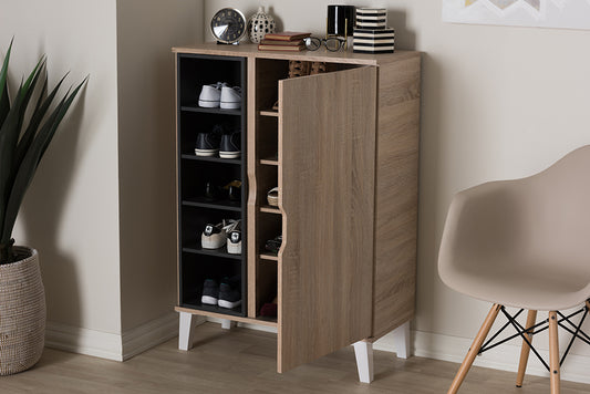 Baxton Studio Adelina Mid-Century Modern 1-door Oak and Grey Wood Shoe Cabinet | Modishstore | Cabinets