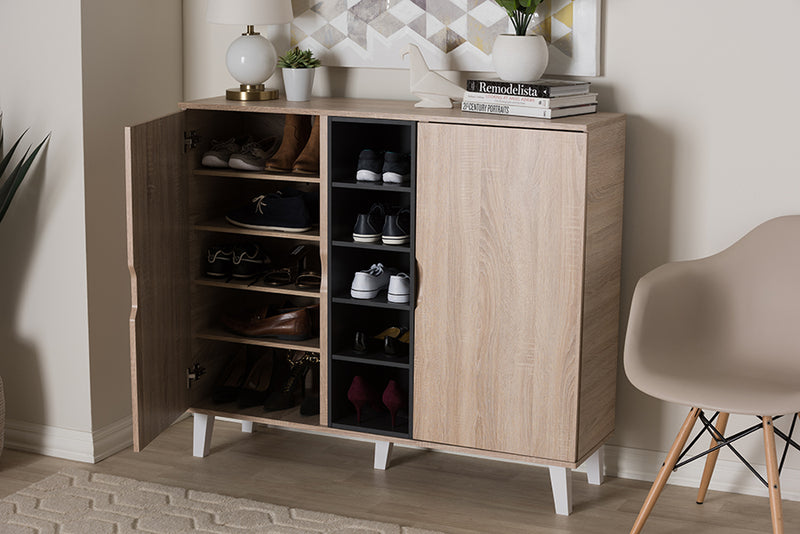 Baxton Studio Adelina Mid-Century Modern 2-door Oak and Grey Wood Shoe Cabinet | Modishstore | Cabinets