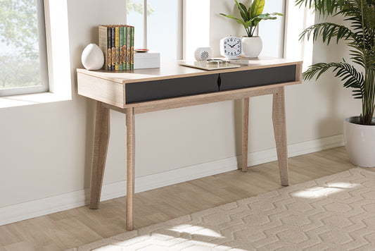 Baxton Studio Fella Mid-Century Modern 2-Drawer Oak and Grey Wood Study Desk | Modishstore | Desks