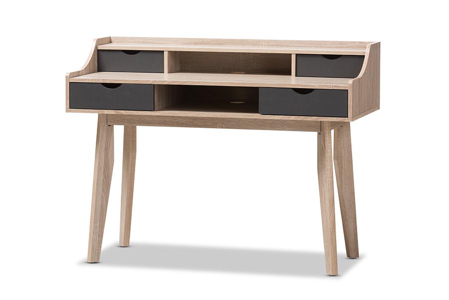 baxton studio fella mid century modern 4 drawer oak and grey wood study desk | Modish Furniture Store-2
