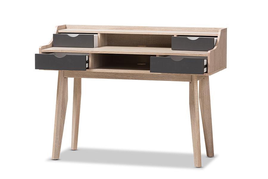 baxton studio fella mid century modern 4 drawer oak and grey wood study desk | Modish Furniture Store-3