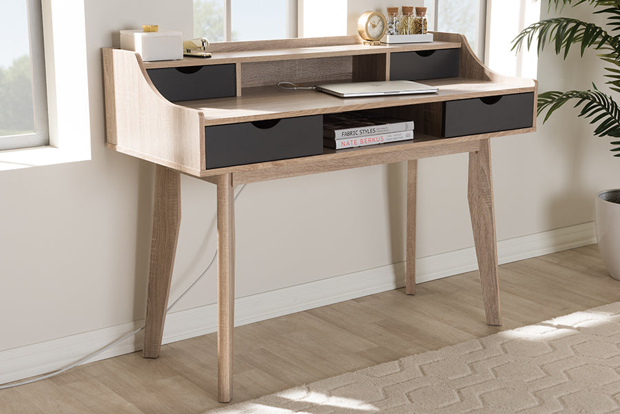 Baxton Studio Fella Mid-Century Modern 4-Drawer Oak and Grey Wood Study Desk | Modishstore | Desks