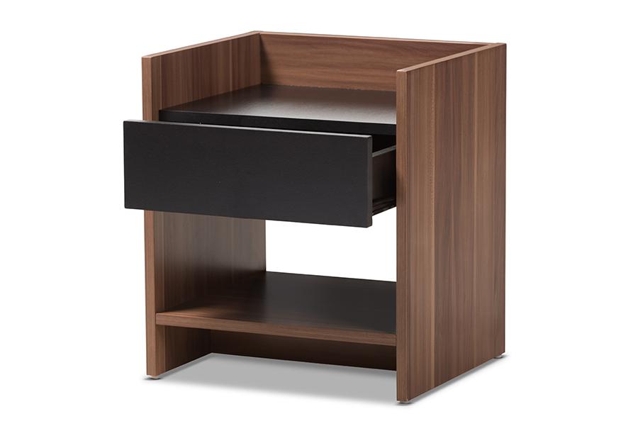 baxton studio vanda modern and contemporary two tone walnut and black wood 1 drawer nightstand | Modish Furniture Store-3
