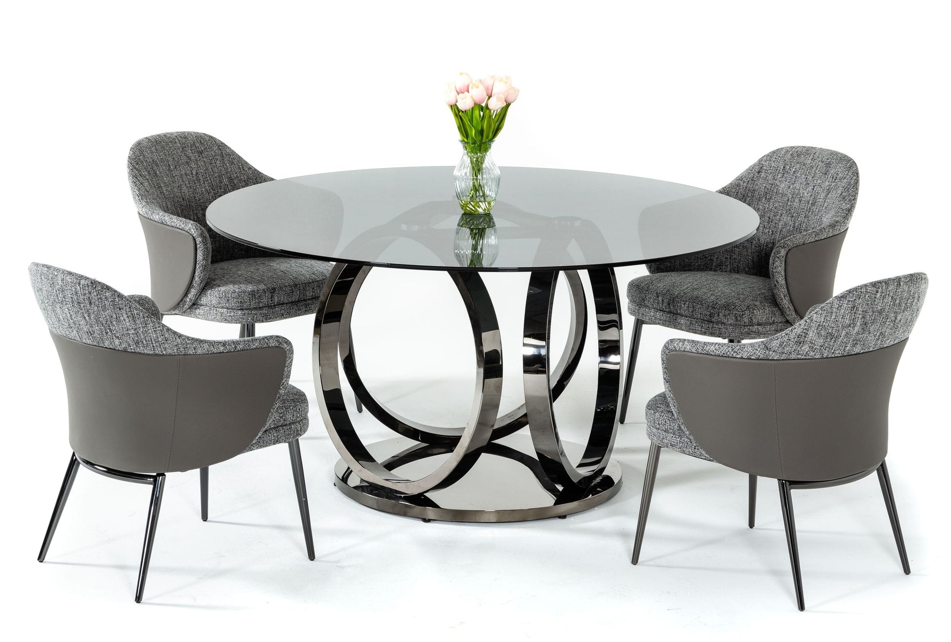 Modrest Enid - Modern Smoked Glass & Black Stainless Steel Round Dining Table | Modishstore | Dining Tables