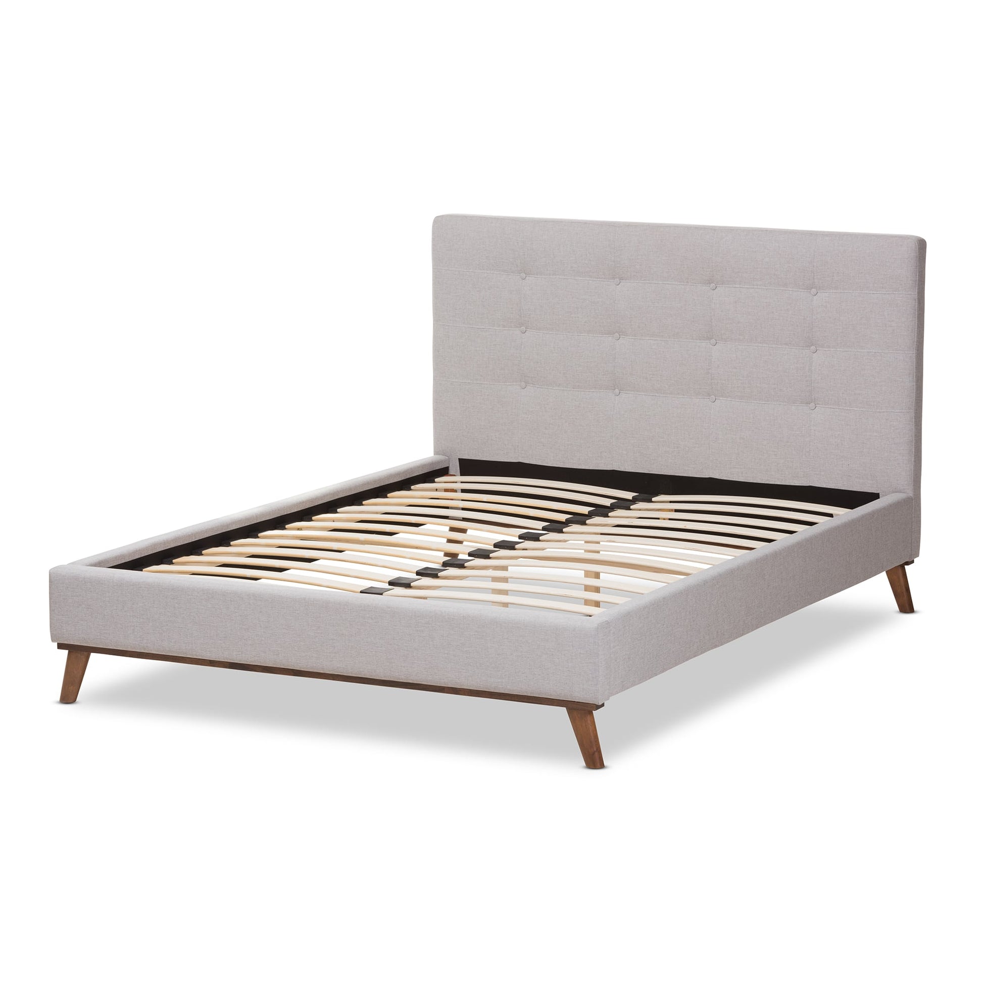 baxton studio valencia mid century modern greyish beige fabric queen size platform bed | Modish Furniture Store-15