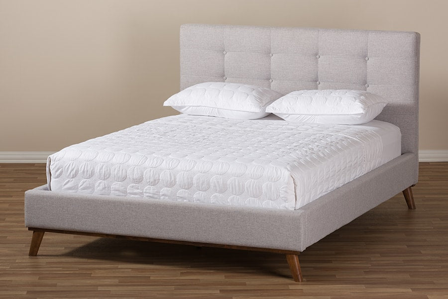 baxton studio valencia mid century modern greyish beige fabric king size platform bed | Modish Furniture Store-10