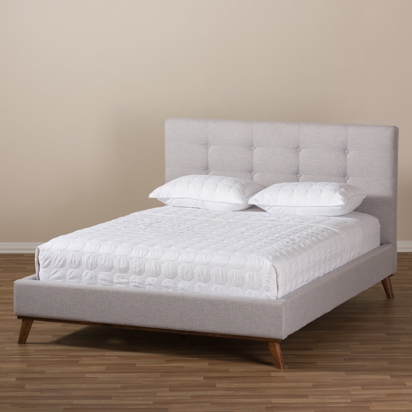 baxton studio valencia mid century modern greyish beige fabric king size platform bed | Modish Furniture Store-21