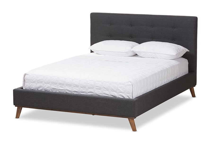 baxton studio valencia mid century modern dark grey fabric queen size platform bed | Modish Furniture Store-2