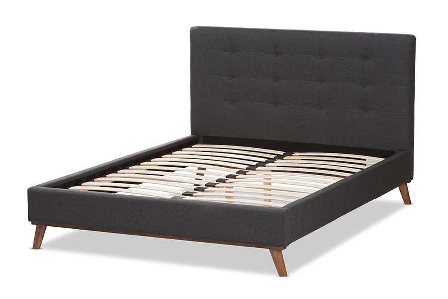 baxton studio valencia mid century modern dark grey fabric queen size platform bed | Modish Furniture Store-4