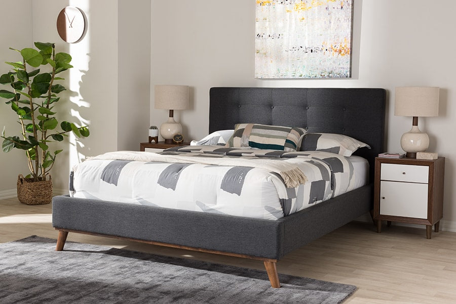 baxton studio valencia mid century modern dark grey fabric queen size platform bed | Modish Furniture Store-19