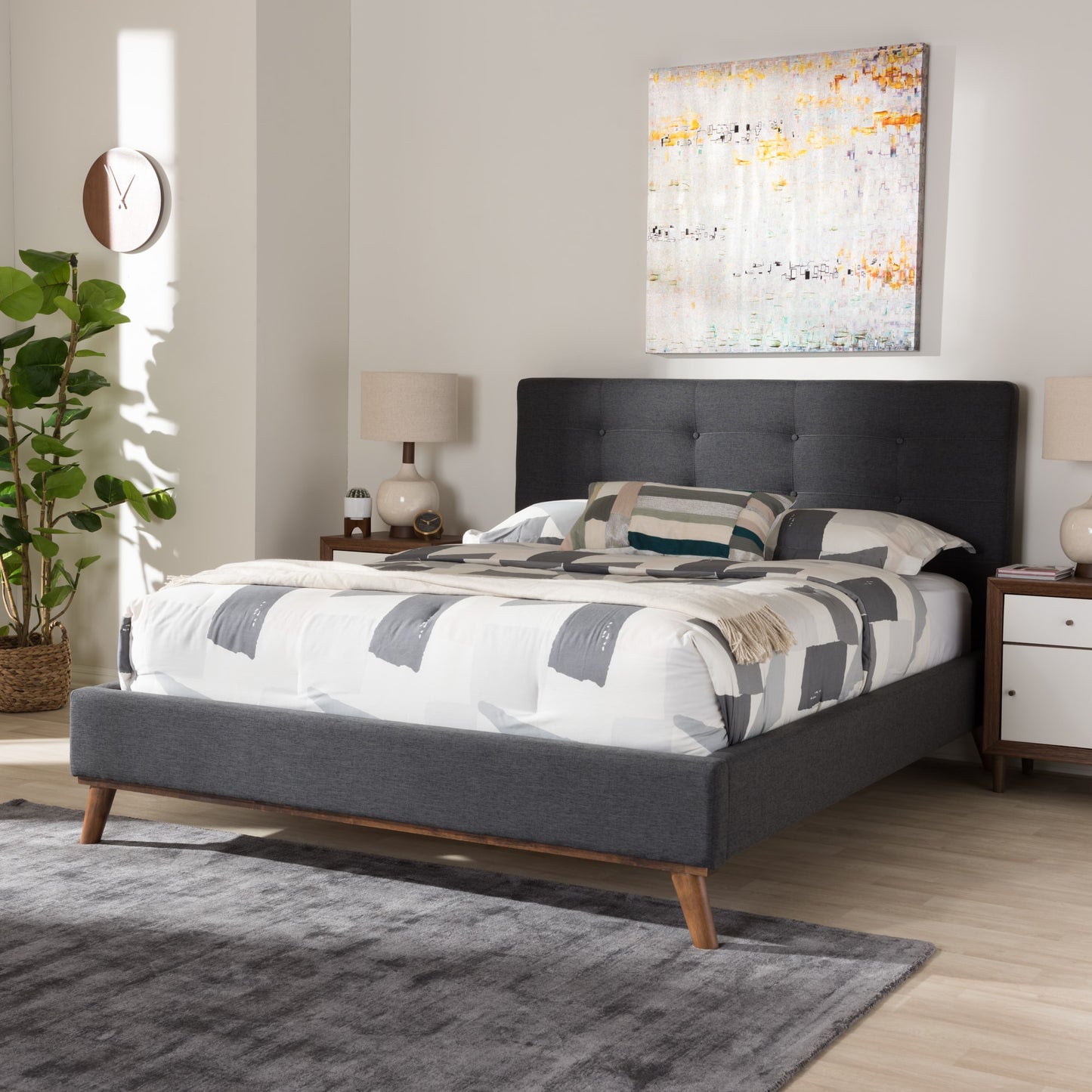 baxton studio valencia mid century modern dark grey fabric queen size platform bed | Modish Furniture Store-20
